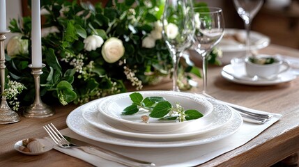 Fototapeta premium Elegant Table Setting with Fresh Greenery and Fine Dinnerware