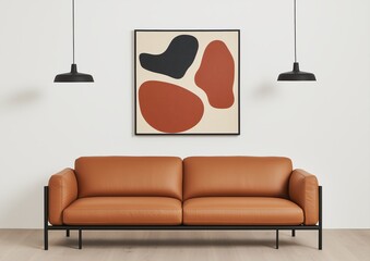 Living room, abstract painting, two black metal lamps hanging from the ceiling, minimalist interior design style