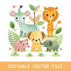 Naklejka premium A cheerful set of African animals painted in watercolor, isolated on a white background. Safari wildlife featuring a lion, hippo, elephant, and giraffe, perfect for decorating baby showers