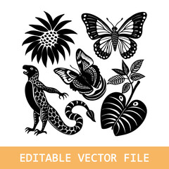 Naklejka premium a group of tropical jungle animals, birds, butterflies, flowers, and leaves