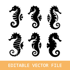 set of seahorse silhouette vector icon flat illustration logo clipart