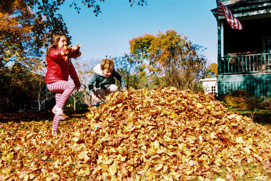 Two children play in their backyard, jumping in a pile of leaves