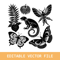 safari animals set. Giraffe, tiger, leopard, palm trees, leaves and flowers. Tropics and jungles. Scandinavian elements.