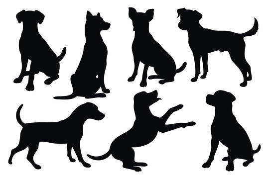 Pet dog pose silhouettes set isolated flat vector illustration on white background.