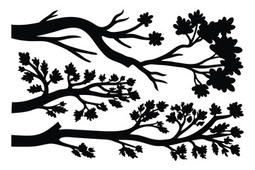Fototapeta premium Tree branch silhouettes set isolated flat vector illustration on white background