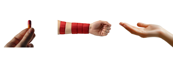 Hand holding a pill contrasted with a clenched fist and an open hand offering help medical care concept isolated on transparent Background