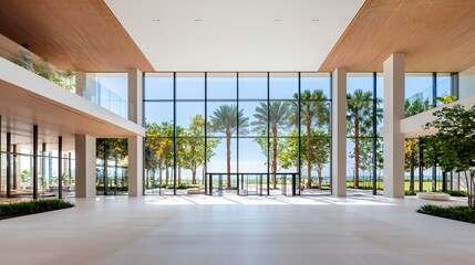 Obraz premium Modern Indoor Space with Expansive Windows and Lush Greenery