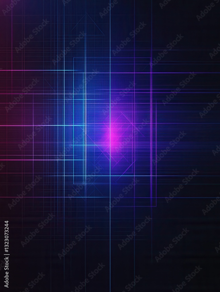 Poster glowing neon lines form an abstract digital pattern with a subtle grid and vibrant colors for modern