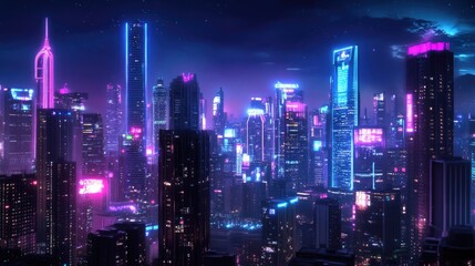 Obraz premium Futuristic City Skyline with Neon Lights and Night Atmosphere