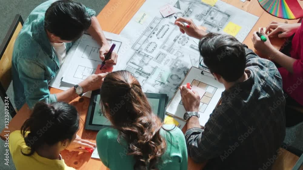 Poster top view of skilled civil engineer team writing at blueprint and planning design. professional archi