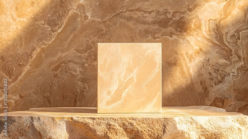 Poster a smooth, light-colored stone block displayed on a textured stone surface with a warm-toned backgrou