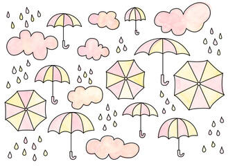 梅雨、雨、傘、雲、黄色、ピンク