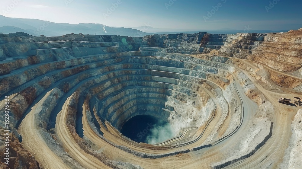 Poster a vast open pit mine reveals its impressive layered structure under bright daylight, with machinery 