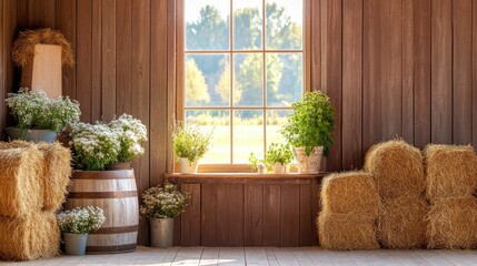 Cozy Barn Interior with Straw Bales and Fresh Greenery Plants