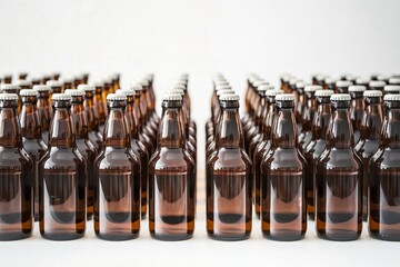 A photo of a row of glass beer bottles