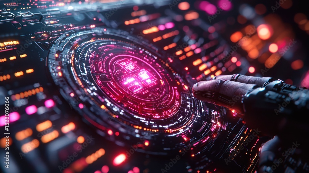 Aufkleber futuristic robotic hand interacts with glowing digital interface.