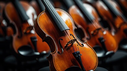Fototapeta premium Close-up of multiple violins lined up.