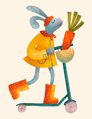 Rabbit in a yellow coat rides a scooter with a carrot