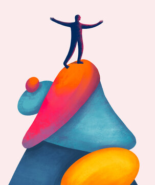 Person standing confidently on top ofcolorful abstract shapes 