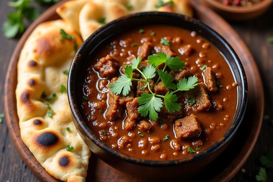 Hot and sweet beef roast / meat curry and Kerala paratha / parotta flatbread made of Maida / whole wheat flour Delhi India. Popular North Indian side dish for chapati, fried rice, roti, paratha, naan.