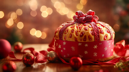Traditional Christmas panettone wrapped in luxurious holiday packaging with festive ribbons and ornaments, holiday marketing, food and beverage promotions, artisanal bakery advertisements