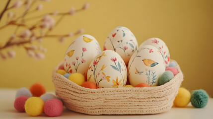 Fototapeta premium easter, egg, holiday, eggs, spring, celebration, decoration, colorful, color, painted, illustration, design, yellow, symbol, green, flower, april, season, pattern, seasonal, decorated, colored, vector