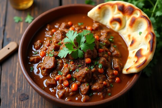Hot and sweet beef roast / meat curry and Kerala paratha / parotta flatbread made of Maida / whole wheat flour Delhi India. Popular North Indian side dish for chapati, fried rice, roti, paratha, naan.