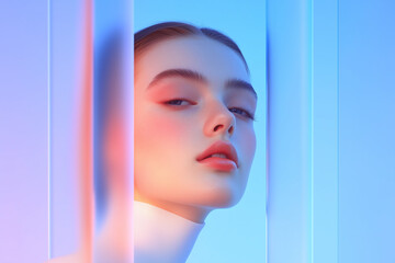 Futuristic portrait of a woman behind translucent glass  
