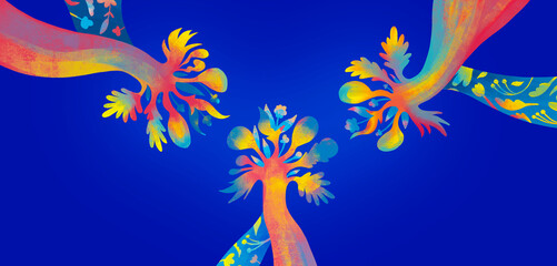 Vibrant trees in a colorful abstract design on blue