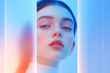 Futuristic portrait of a woman behind translucent glass  
