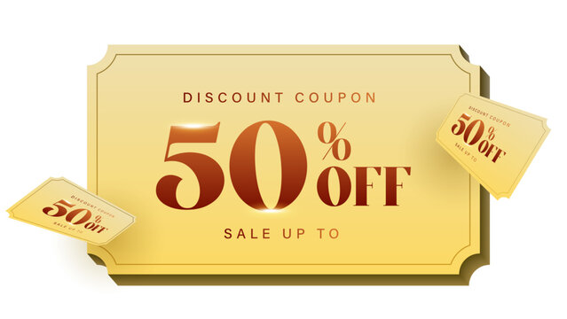 legant 50% Off Golden Gift Voucher with Luxury Design, Premium Discount Coupon, Shiny Gold Ribbon, Stylish Template for Shopping, Special Offers, Rewards, Holiday Sales, and Exclusive Deals