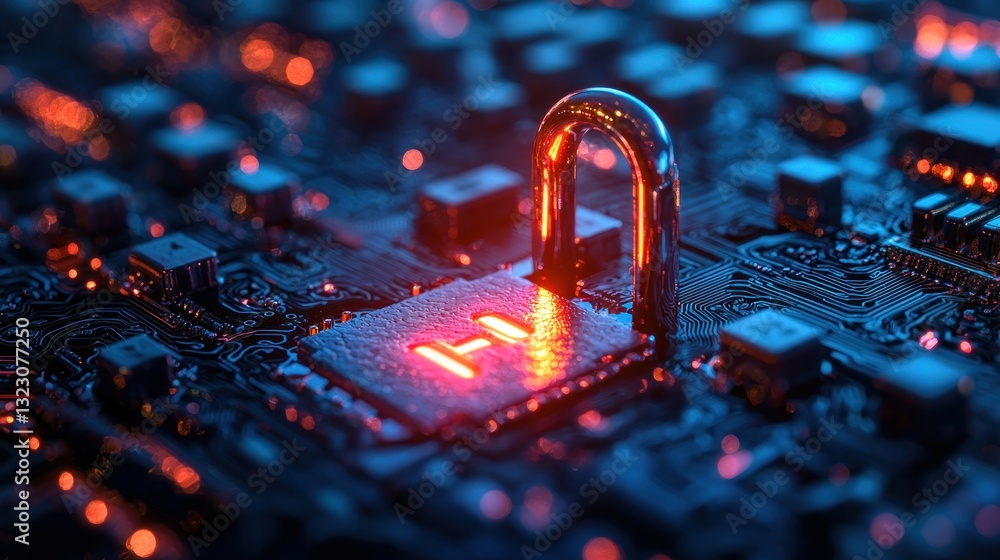 Poster cyber security concept open padlock on glowing circuit board.