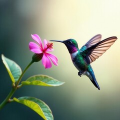 Obraz premium Blue hummingbird, violet sabrewing, in flight near flower , Central America, red, zoology
