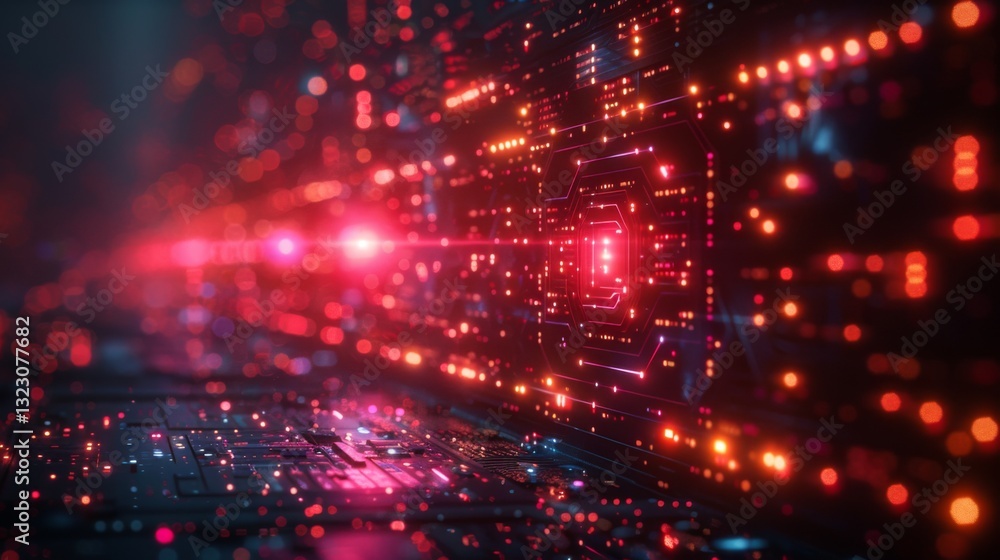 Poster a close-up capture of an illuminated circuit board highlighting the details and complexity of electr