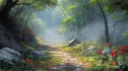 Obraz premium Misty Forest Path Winding Through Rocks and Flowers