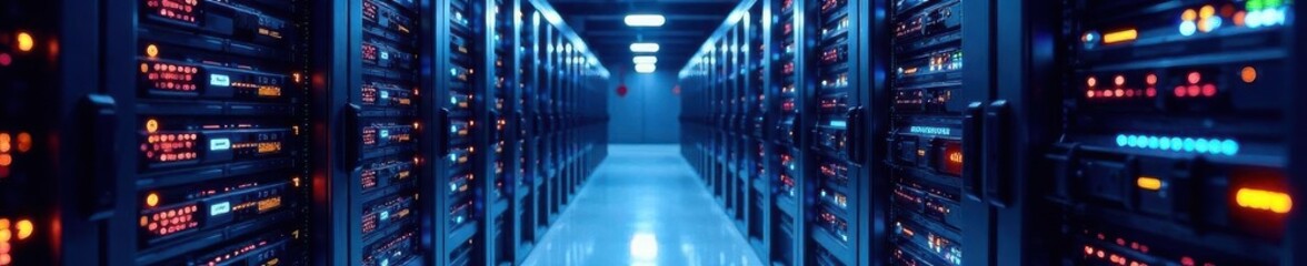 Fototapeta premium Brightly lit data center with server racks, cables, and cooling systems , technology equipment, networking, progress