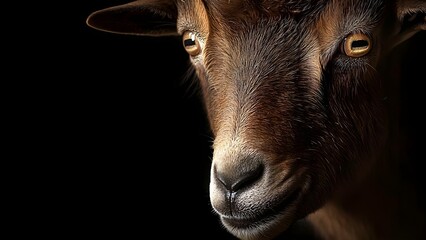Fototapeta premium A close-up of a goat's face, featuring its expressive eyes and textured fur against a dark background. Concept Goat Close-Up, Expressive Eyes, Textured Fur, Dark Background, Animal Portraits