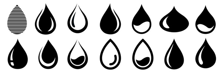 Water droplet icon set. Water drop logo. Black and blue water drop icons on white background. Splash water, milk, yogurt or cream. Vector illustration
