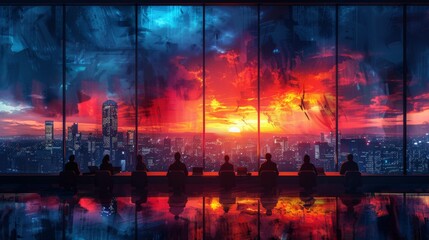 Obraz premium Silhouetted professionals in a contemporary office setting at twilight