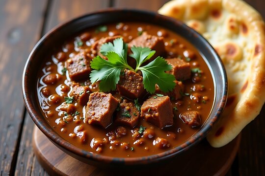 Hot and sweet beef roast / meat curry and Kerala paratha / parotta flatbread made of Maida / whole wheat flour Delhi India. Popular North Indian side dish for chapati, fried rice, roti, paratha, naan.