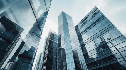 Fototapeta premium Twilight descends on a bustling city as the lights from modern skyscrapers reflect off glass facades.