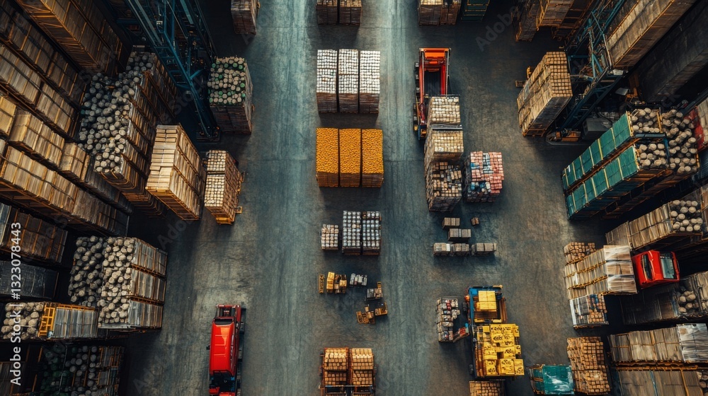 Poster aerial view of a busy manufacturing warehouse showcasing automated machinery, organized storage unit