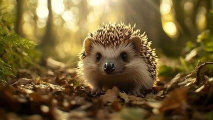 A cute hedgehog with spiky fur, sitting on a bed of fallen leaves in a sunlit forest setting. Concept Hedgehog Photography, Nature Close-ups, Sunlit Forest Scenes, Autumn Leaves, Wildlife Portraits