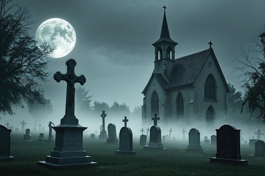 Eerie Halloween Background with Haunted Souls Foggy Cemetery Foreboding Church and Full Moon