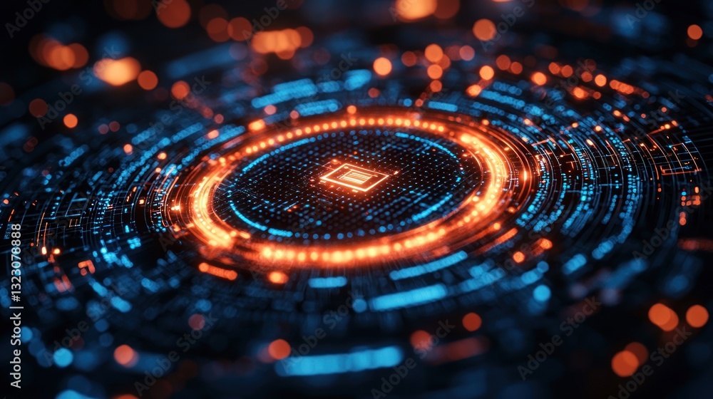 Poster glowing circuit board microchip technology.