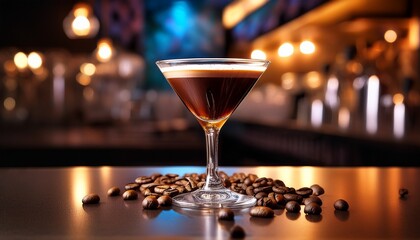 an espresso martini garnished with coffee beans served in an elegant glass on a bar counter at night