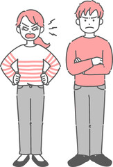 怒っている若い男女の全身イラスト

