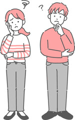考えている若い男女の全身イラスト
