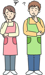 困った様子の、エプロンをしている若い男女の全身イラスト

