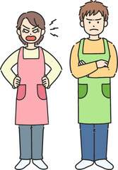 怒っているエプロンをした若い男女の全身イラスト
